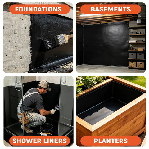 Premium Top Shelf Rubber Silicone Foundation Sealant Black 35 Oz Tub applied to damp basement wall for moisture protection.