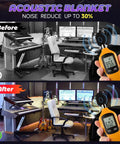 Before and after image showing sound levels in a studio using Heavy Duty 2 Pack Sound Dampening Blankets 48x80 Inches With Steel Grommets 850 GSM Acoustic Noise Reducing Pads.