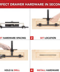 Steps showing how to use Cabinet Hardware Jig With Patent Pending True Calibration And Laser Engraved Rulers on shaker cabinets.