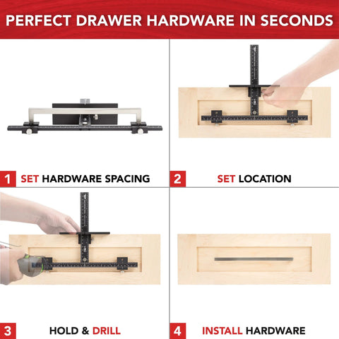 Steps showing how to use Cabinet Hardware Jig With Patent Pending True Calibration And Laser Engraved Rulers on shaker cabinets.