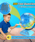 Child using Interactive Globe With Smart Pen For Kids 6 To 12, 300 Plus Geography Quiz Games, showing test questions feature