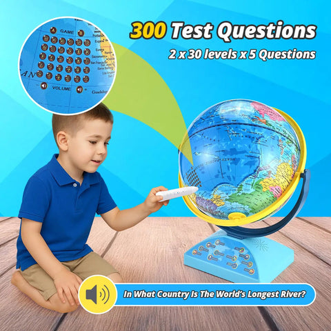 Child using Interactive Globe With Smart Pen For Kids 6 To 12, 300 Plus Geography Quiz Games, showing test questions feature