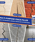 Multi-purpose crack filler for tile, wood, brick, asphalt, marble, and cement cracks with product packaging shown.