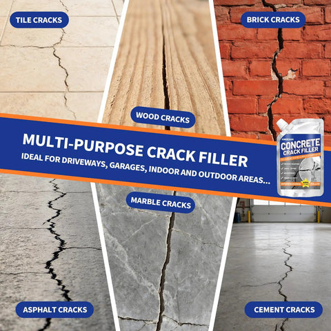 Multi-purpose crack filler for tile, wood, brick, asphalt, marble, and cement cracks with product packaging shown.