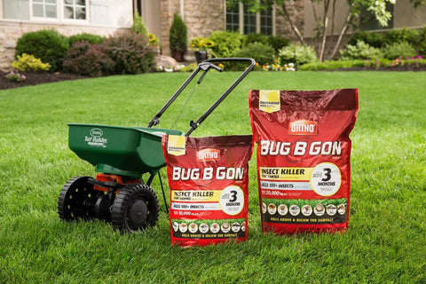 Lawn spreader and two bags of All In One Lawn Insect Killer That Kills Ants Fleas Ticks Chinch Bugs Mole Crickets on grass