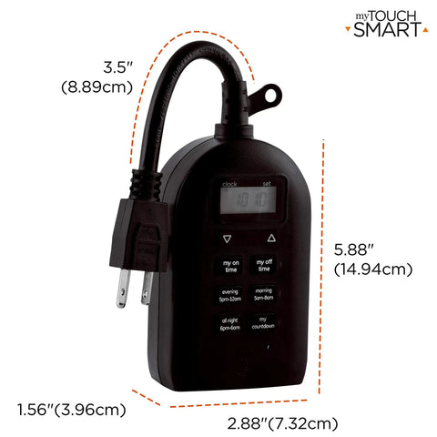 Weatherproof Digital Plug In Timer With Dual Outlets Indoor Outdoor Ready, compact size with display and plug shown.