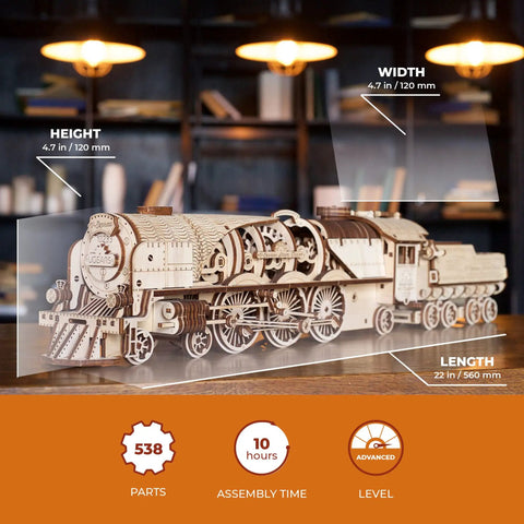 3D Wooden Steam Train Puzzle Kit for Adults, V Express Model Train with Tender, 538 Pieces, Victorian steam locomotive, 22 in long