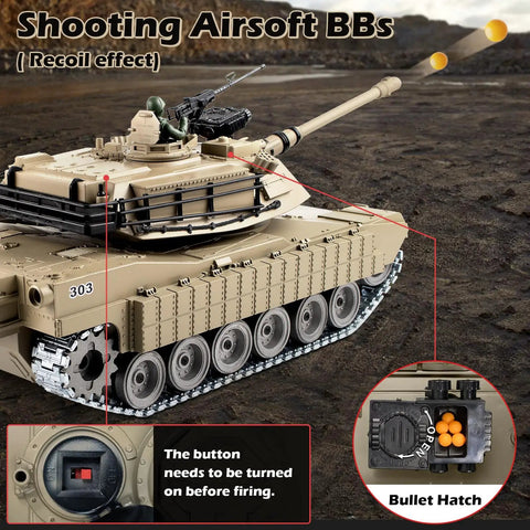 One Eighteen Scale Remote Control M1A2 Abrams Tank shooting airsoft BBs with recoil effect on rugged terrain.