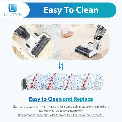 Three Pack Replacement Brush Rollers And Six Pack Pre Filter Foam For iFloor Complete Wet Dry Vacuum Cleaner showing roller replacement.