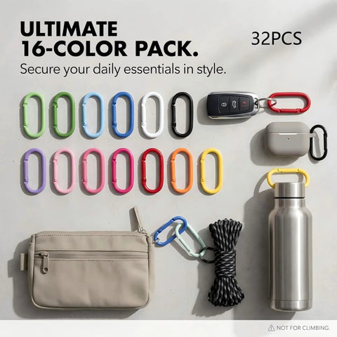 32 Pack Colorful Carabiner Clips With Oval Spring Hooks displayed with key and bag for DIY projects