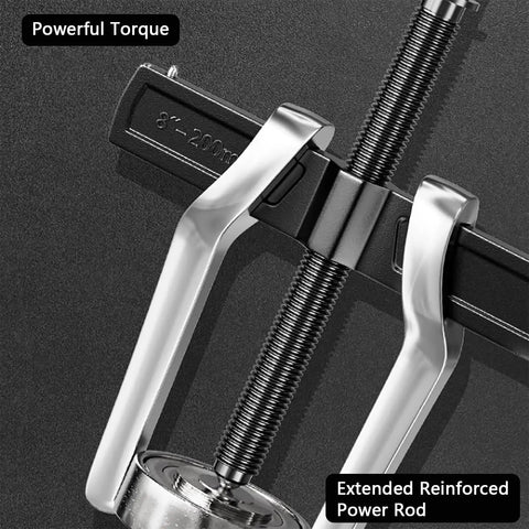 Heavy Duty Carbon Steel Two Jaw Gear Puller With Reversible Bearing Separator Tool For Quick Pulley And Flywheel Extraction, close-up of extended power rod.