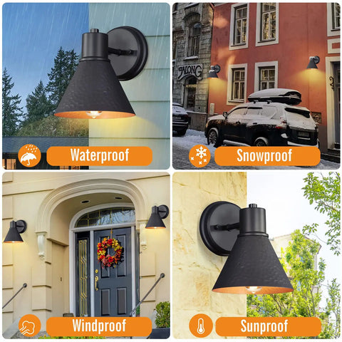 Two Pack Outdoor Wall Sconces With Hammered Metal Shade And Gold Interior, Anti Rust Waterproof Black Exterior Barn Lights