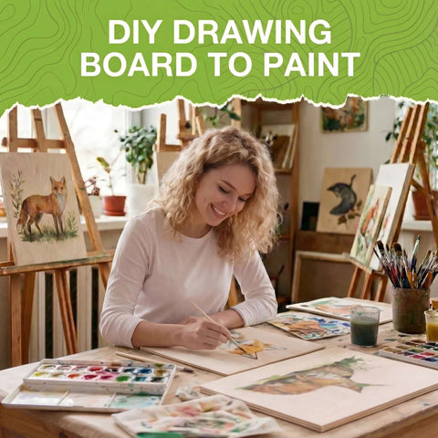 Front view of a woman artist painting on wooden boards in a bright studio with brushes and paints.