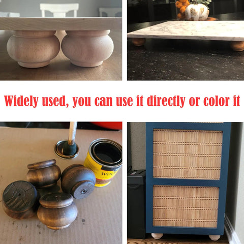 Real Deal Solid Hardwood 2 Inch Round Bun Feet For Furniture Upgrades And DIY Repairs Includes Mounting Plates With Screws set of four unpainted legs on furniture.