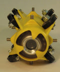 Yellow roller sewer camera skid for 4 to 6 inch lines with eight 1 inch wheels, ultra tough plastic, frontal view.