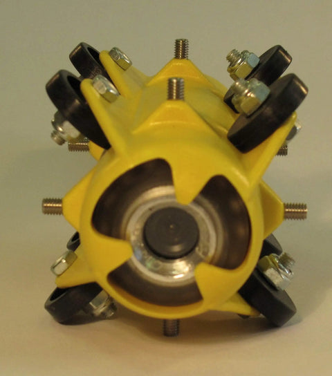 Yellow roller sewer camera skid for 4 to 6 inch lines with eight 1 inch wheels, ultra tough plastic, frontal view.