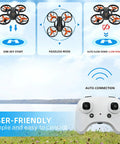 RC Drone With Auto Hover And Headless Mode For Easy Night Flights LED Lights Full Prop Guard 3D Flips Includes 3 Batteries And Remote Control Built For Beginners And Kids As The Ultimate Gift shown with remote and features illustration