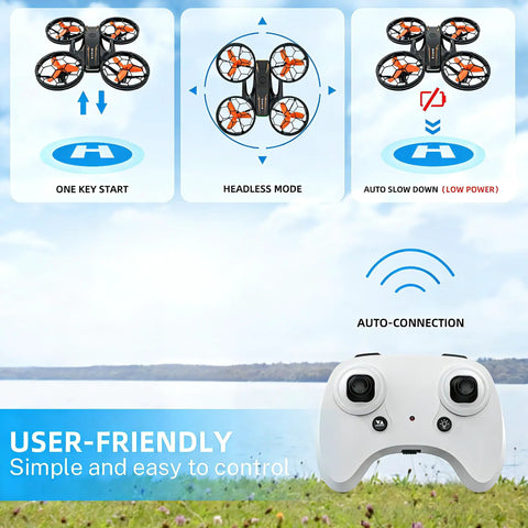 RC Drone With Auto Hover And Headless Mode For Easy Night Flights LED Lights Full Prop Guard 3D Flips Includes 3 Batteries And Remote Control Built For Beginners And Kids As The Ultimate Gift shown with remote and features illustration