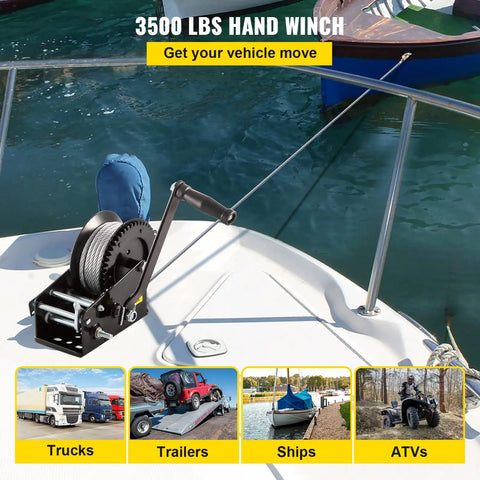 Beefed Up Heavy Duty Hand Winch Rope Crank 3500 LBS Capacity with 32.8 Ft Wire Cable and Alloy Hook on boat deck