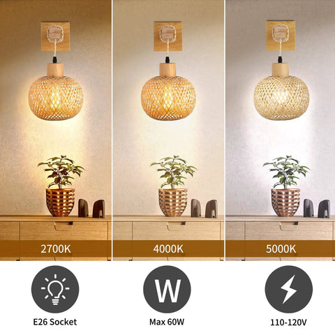 Bamboo Rattan Wall Sconce Lighting For Bedroom And Living Room, Rustic Boho Farmhouse Wall Light With Bamboo Lampshade, color temperature variations