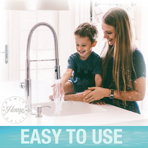 Mother and child using a kitchen sink with Top Fill Built In Kitchen Soap Dispenser With Stainless Steel Pump 17 Ounce Bottle.