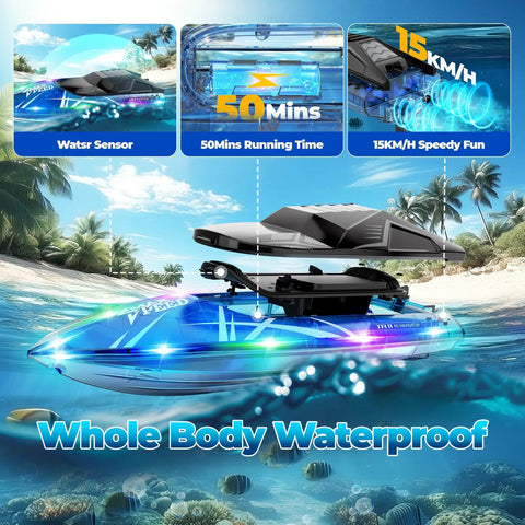 LED-lit blue RC boat on tropical water with text highlighting two pack RC boat set with LED lights for pool, lake, river, and bathtub.