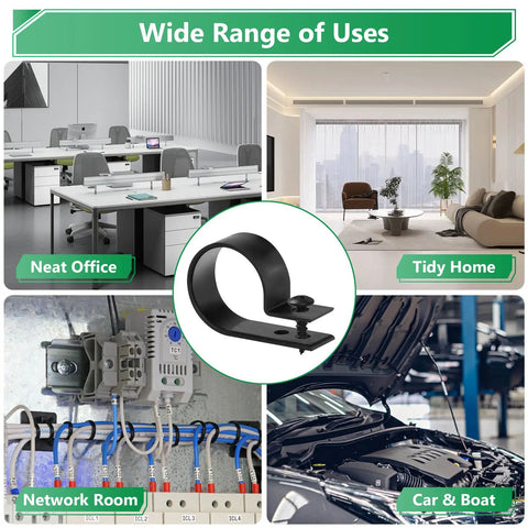 Image of Dope Cable Management Clips Kit With Nylon R Type Fasteners, 6 Sizes And 290 Pieces, showing usage in office, home, network room, car.