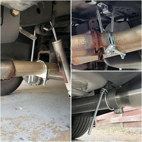 Beefy 4 Inch Universal Exhaust Clamp With Rear Hanger Set Of 2 installed on vehicle exhaust pipes