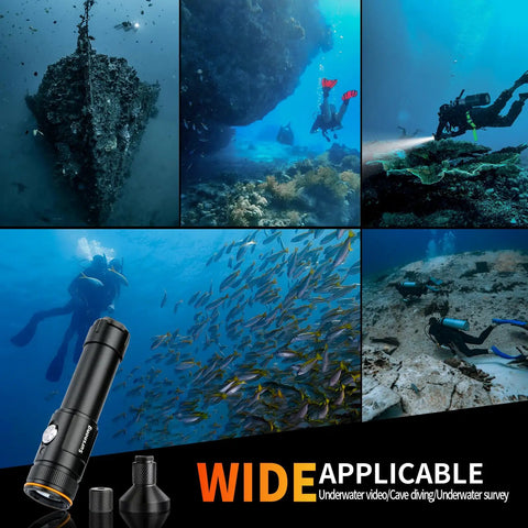 V21 Ultra Bright 2500 Lumen Dive Light with IP68 Waterproof Rating, suitable for scuba diving and underwater photography.