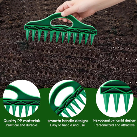 Hand holding 7 Piece Seed Spreader Set With Twelve Hole Dibber Upgraded 2025 Mini Seed Dispenser for even sowing in soil