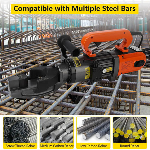 Powerful Handheld Electric Hydraulic Rebar Bender With 1500 Watt Motor bending multiple steel bars on a construction site.