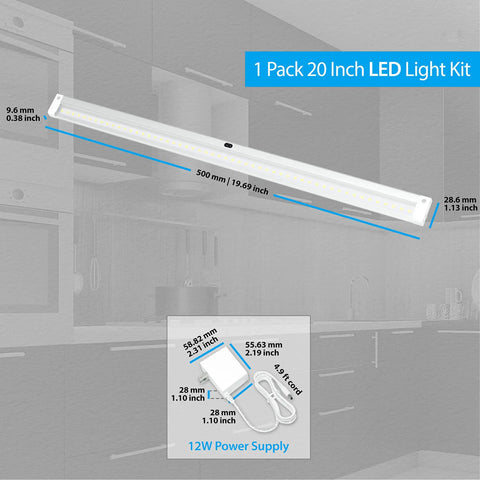 Hand Wave Activated Under Cabinet LED Lighting Kit With Dimmable Touchless Dimming, 20 Inch Strip, 1 Pack, diagram and dimensions
