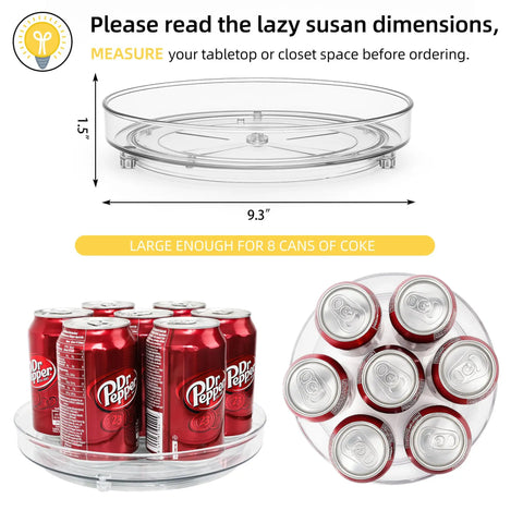 Two Pack Nine Inch Clear Acrylic Lazy Susan Turntable Spinner With Non Slip Base For Kitchen Pantry Cabinet Fridge And Makeup Tray That Is A Straight Up Game Changer For Decluttering Your Home Hella Sturdy, showing a 9.3-inch round tray with drinks.