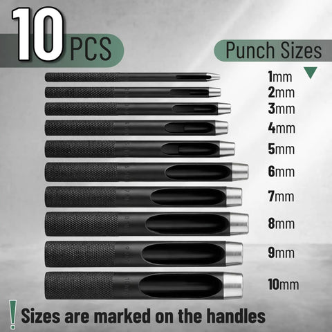 Hollow Leather Hole Punch Set 1mm To 10mm, 10-Piece Carbon Steel Leather Punch Tool, Black Finish For Leatherworking And DIY