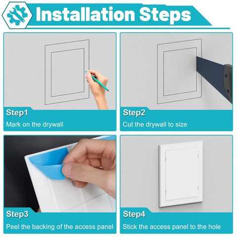 Installation steps for Quick Peel Stick Access Panel Four By Seven Inches Slick Heavy Duty Abs Drywall Cover.