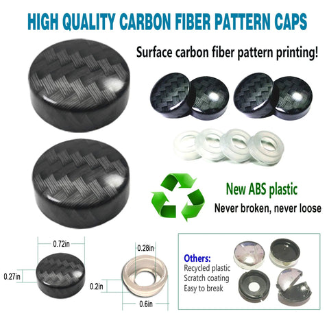 Carbon Fiber Pattern License Plate Screws Kit With Plastic Caps showing carbon fiber caps and dimensions in inches