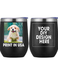 Personalized Black Wine Tumbler With Lid And Straw Double Wall Insulated Stainless Steel Travel Mug Printed In Usa Custom Coffee Cup Solid Flex For Daily Vibes with dog image and custom design area.