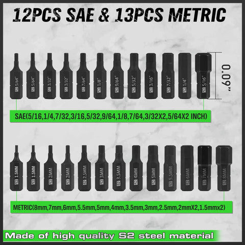26 Piece Hex Head Allen Wrench Drill Bit Set With One Quarter Inch Hex Shank Quick Change Bit Holder, SAE and Metric sizes
