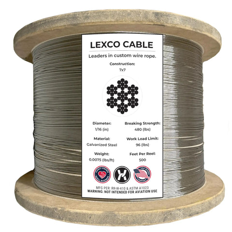 Heavy Duty 1/16 Inch Galvanized Aircraft Wire Rope Cable 7x7 Steel Construction 500 Foot Reel with label details