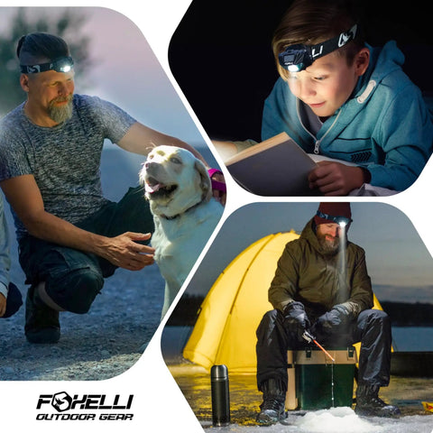 Collage of people using Ultra Light USB C Rechargeable LED Headlamp Built For Trail Running And Camping With 180 Lumen White Beam Red Night Vision 5 Modes IPX5 Waterproof 40 Hour Runtime 300 Feet Reach For Night Hikes.