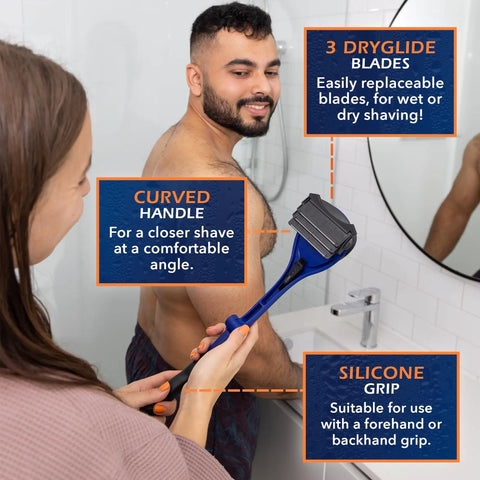 Slick And Smooth Waterproof Back Shaver For Men With A Grippy Silicone Handle and Painless Razor Kit being used by a man in a bathroom.
