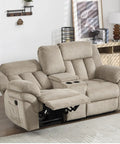 Light brown two-seat manual recliner sofa set with plush armrests in a living room, perfect for lazy Sundays or TV time.