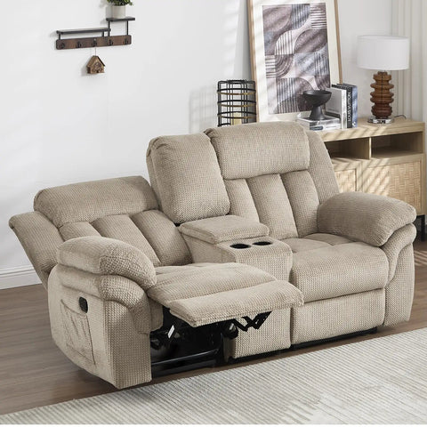 Light brown two-seat manual recliner sofa set with plush armrests in a living room, perfect for lazy Sundays or TV time.