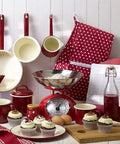 Claret Red 400ml Turkish Coffee Pot In Enamelware Vintage Style Kitchen Brew Maker with assorted kitchenware and cupcakes.