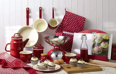 Claret Red 400ml Turkish Coffee Pot In Enamelware Vintage Style Kitchen Brew Maker with assorted kitchenware and cupcakes.