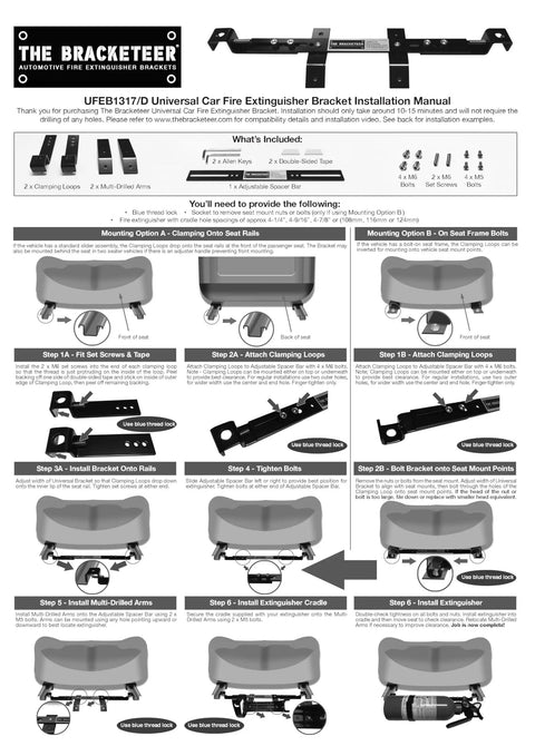 Installation guide for adjustable fire extinguisher bracket for most vehicles, highlighting seat rail clamping and bolting options.
