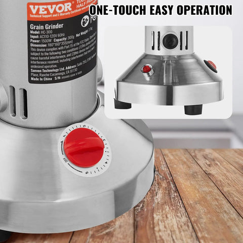 Close-up of Ultra Fast 1500W Electric Grain Mill Grinder control dial, stainless steel housing, 300g capacity.