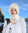 Person wearing Cozy Fleece Lined Double Layer Balaclava Beanie Set With Pompom Winter Ski Snow Hat And Circle Scarf for extreme cold outdoors.