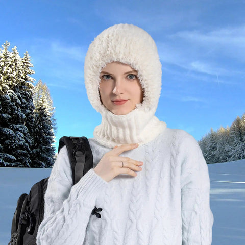 Person wearing Cozy Fleece Lined Double Layer Balaclava Beanie Set With Pompom Winter Ski Snow Hat And Circle Scarf for extreme cold outdoors.