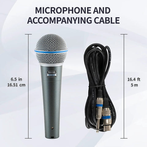 BT 58A Wired Dynamic Vocal Microphone For Singing with 16ft XLR cable, shown alongside measurement details for size reference.